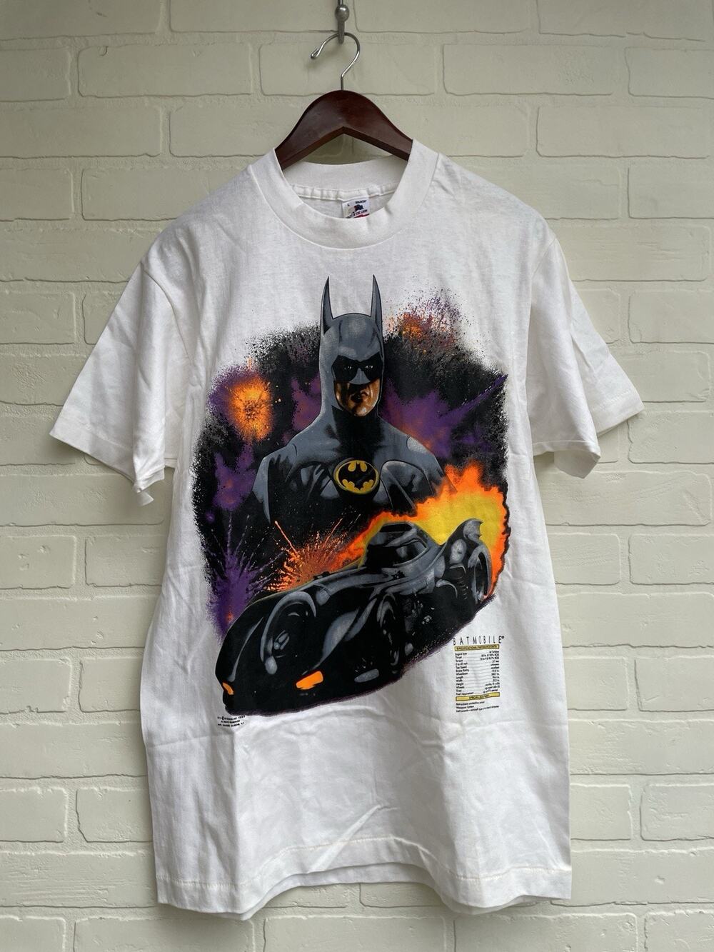 Vintage Batman Batmobile Shirt Single Stitch White 1989 DC Comics Movie Tee Larg
